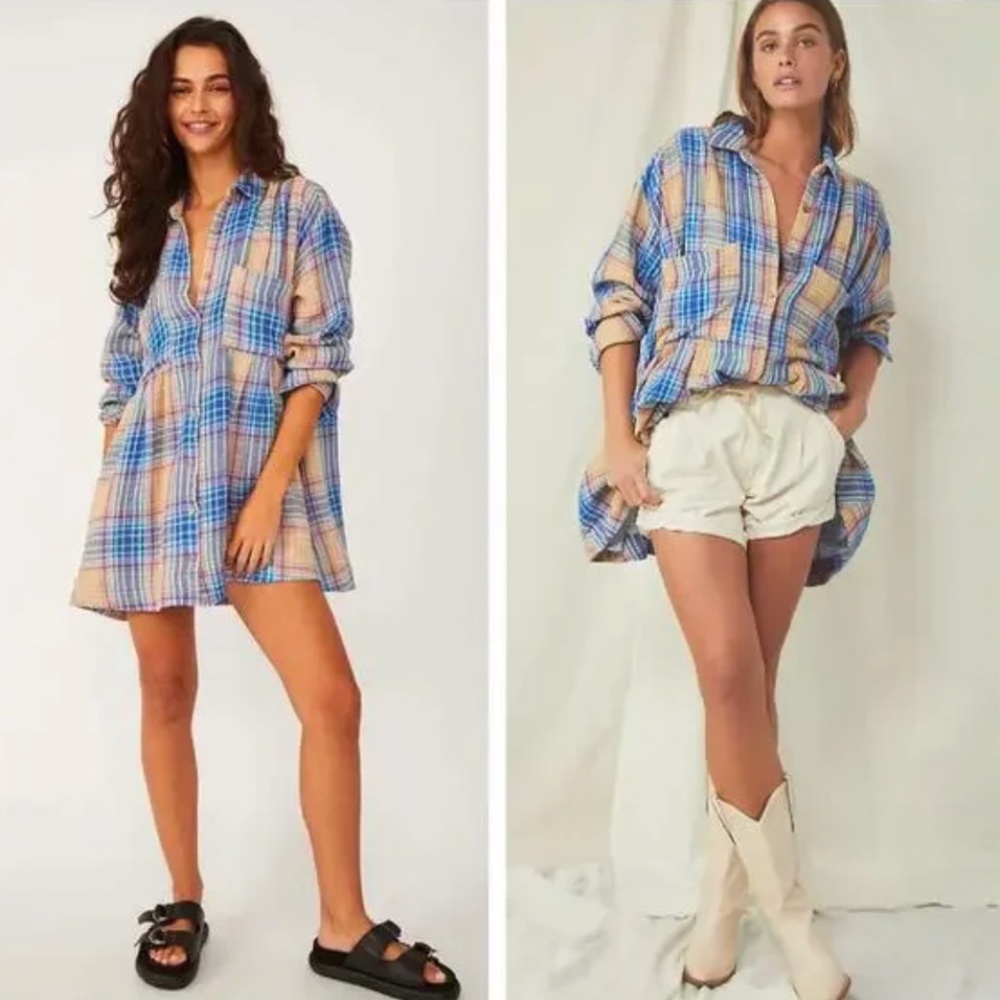 NWT Free People The Voyage Shirtdress Gauze Plaid Blue in Sunrise Combo Size XS